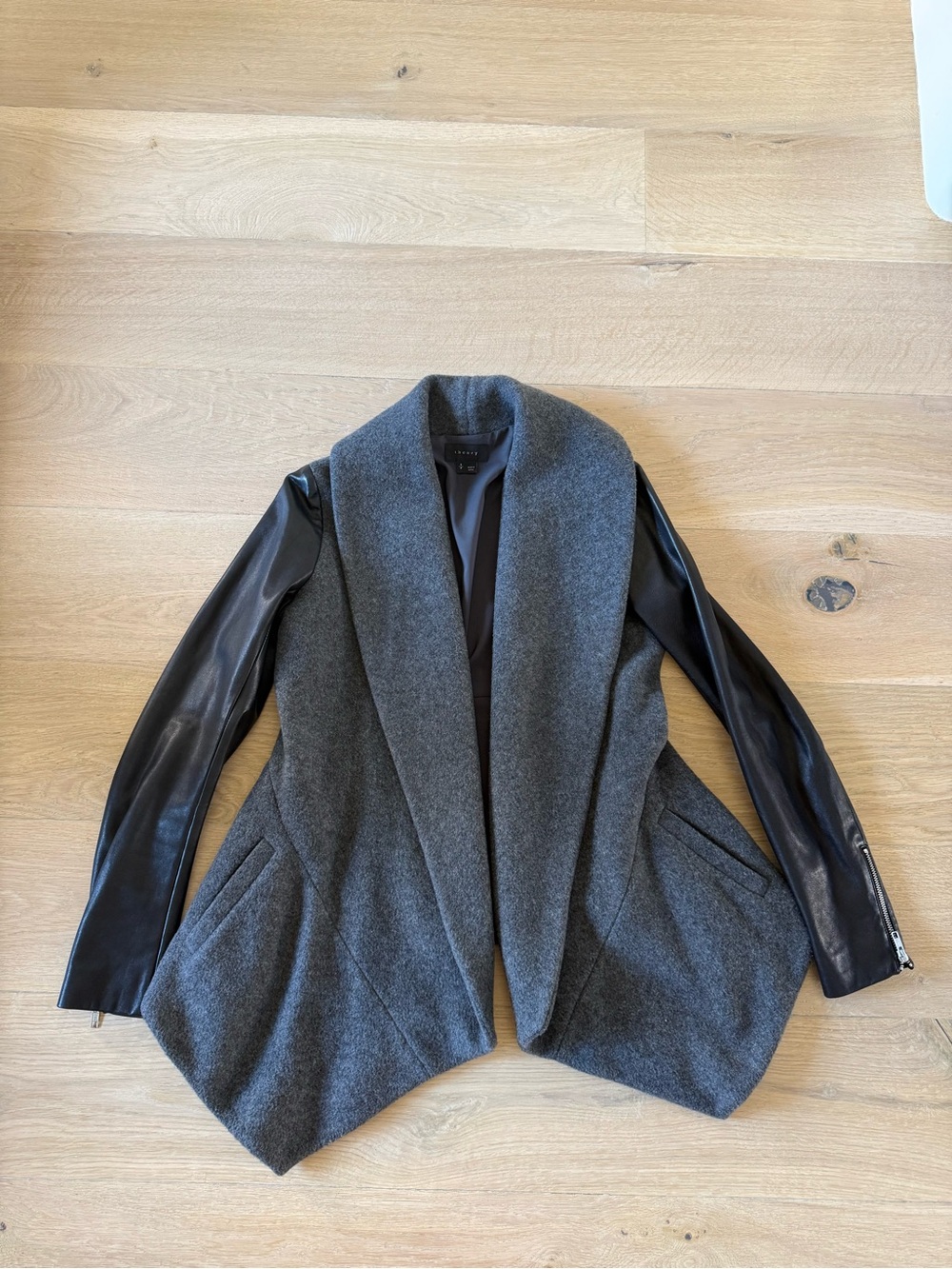 Theory Gray Wool-Blend Open Front Jacket with Black Leather Sleeves